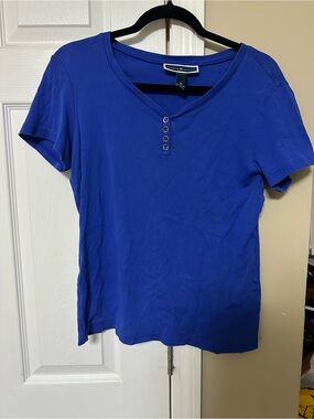 Karen Scott Short Sleeve Henley Top in Royal Blue 100% cotton